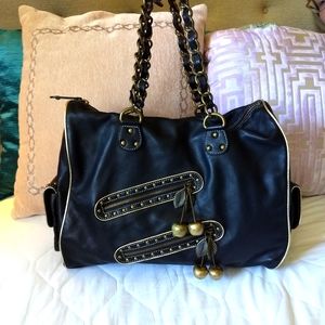 SOLD Rare Vintage Betsey Johnson Rocking Cherries Duffle Black Leather Handbag